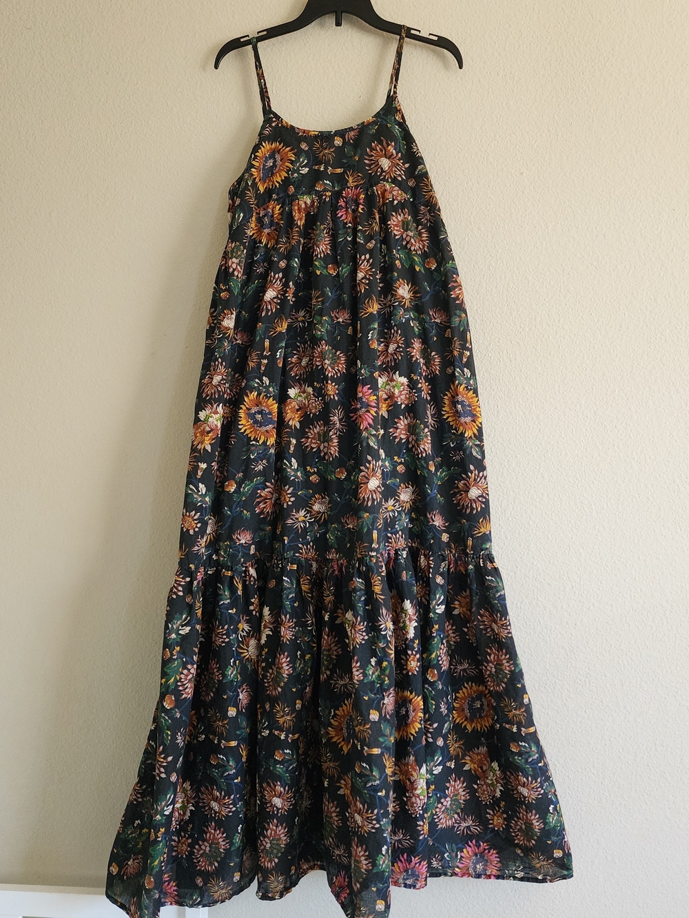 Natural Life Black Sunflower Floral Tiered Boho Maxi Dress Size XS